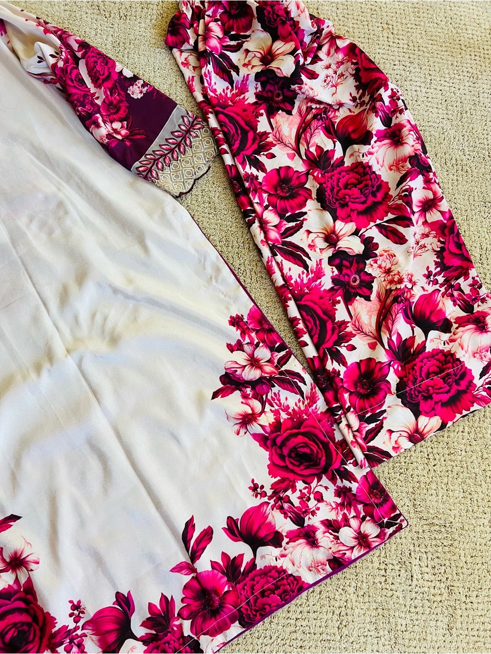 Pakistani Indian dress cream and dark pink floral dress - Picture 6 of 7